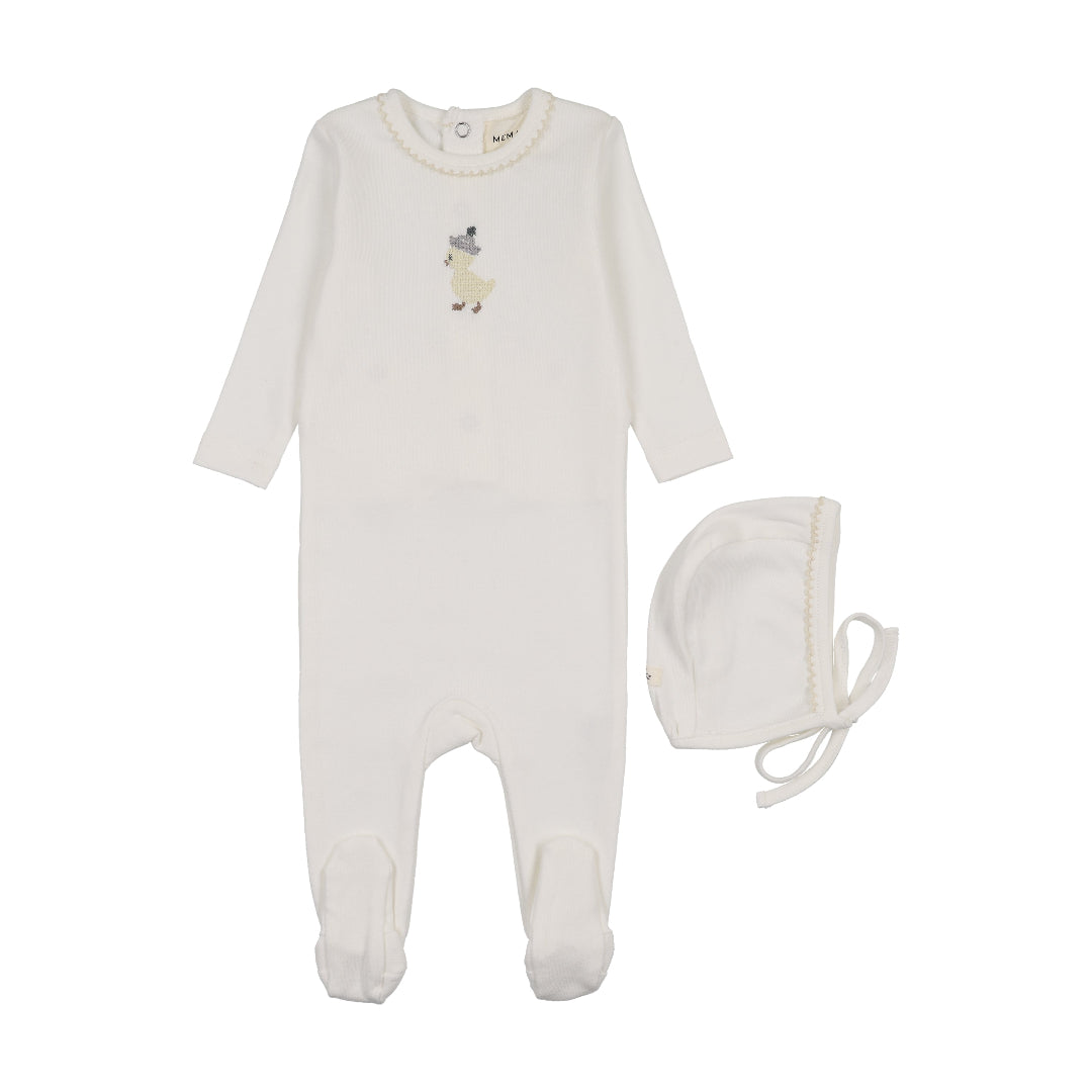 Winter White/Yellow Duck Embroidered Footie + Bonnet