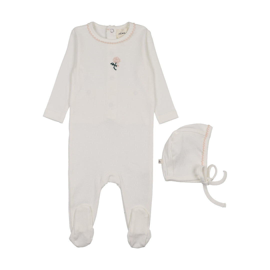 Winter White/Pink Flower Embroidered Footie + Bonnet