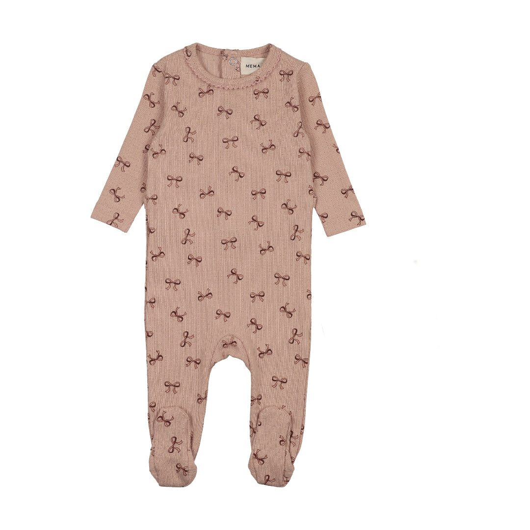 Pink-Dark Pink Bow Print Pointelle Footie