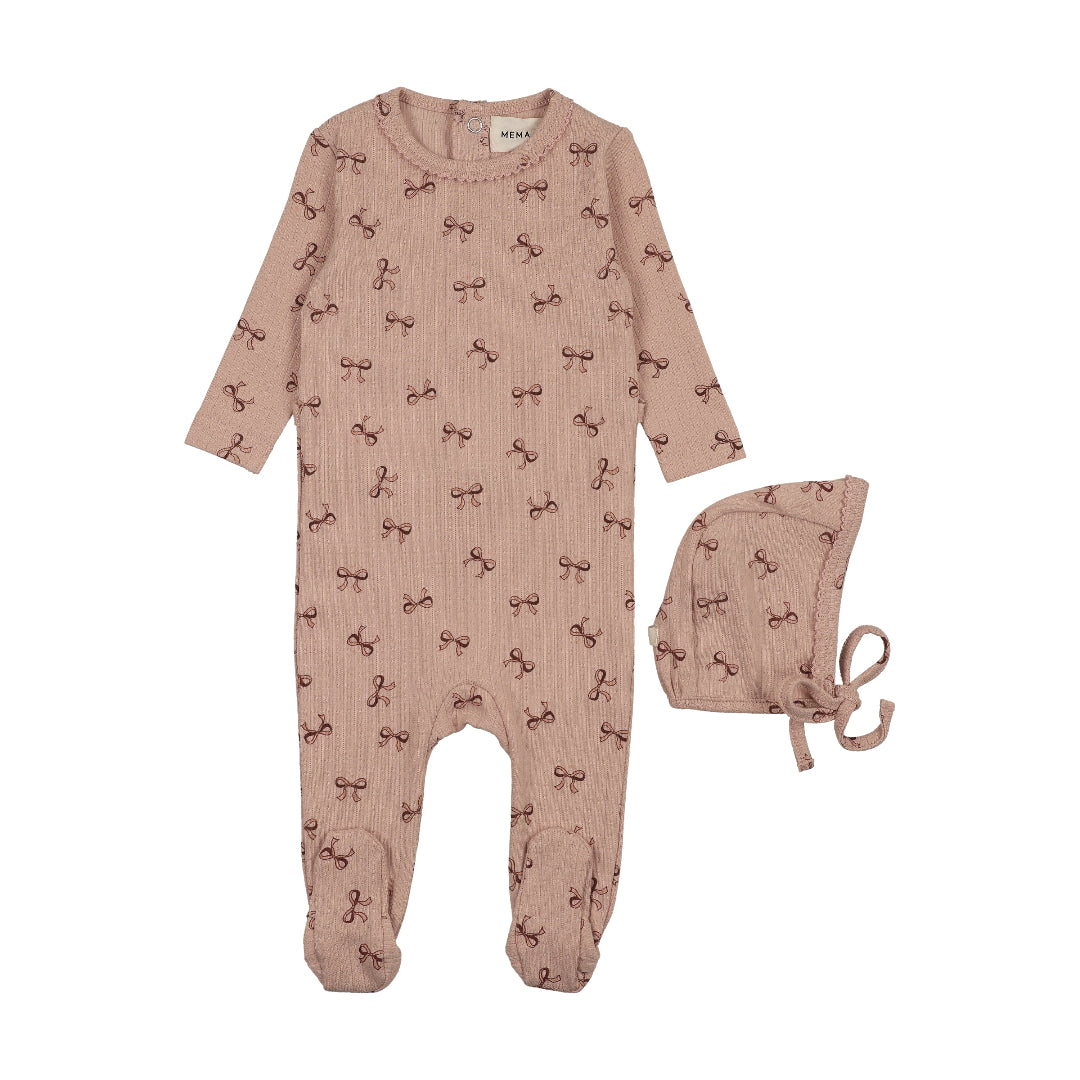 Pink-Dark Pink Bow Print Pointelle Footie + Bonnet