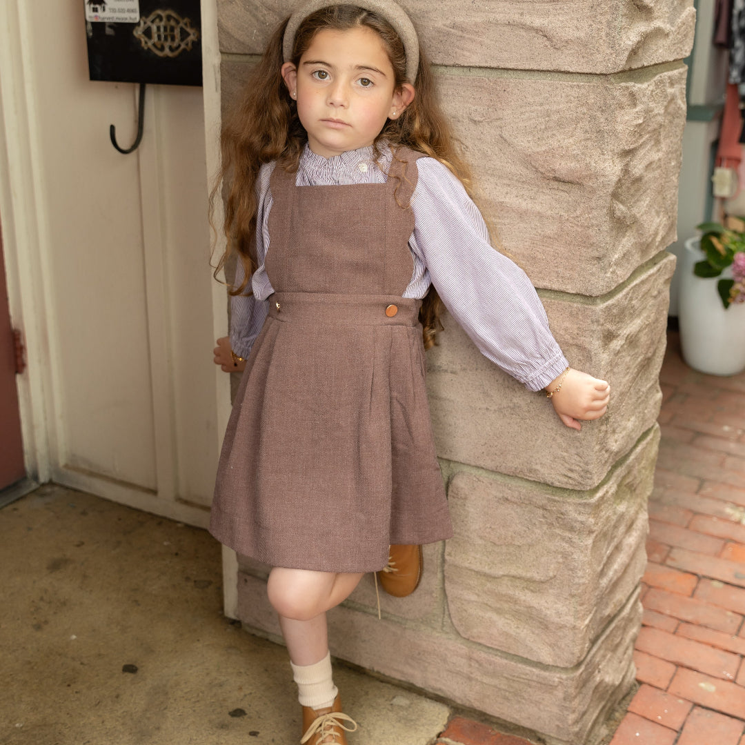Brown Scallop Wool Jumper & Pinstripe Blouse Set
