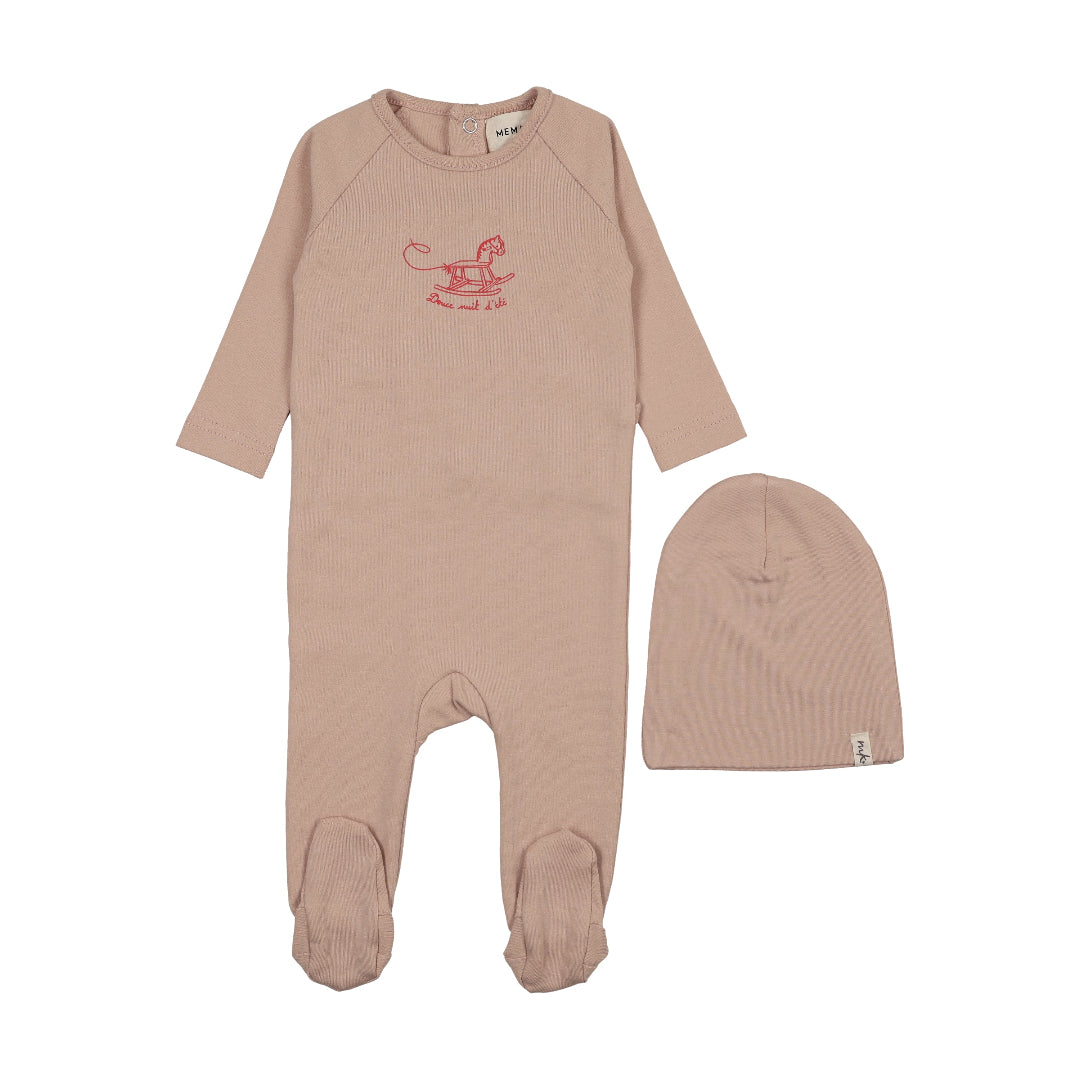 Pale Pink Horse Rocker Footie + Bonnet