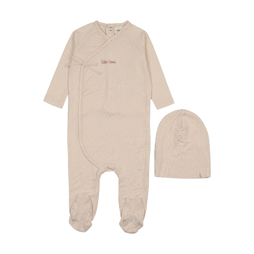 Pink Polka Dot Print Mock Wrap Footie + Beanie