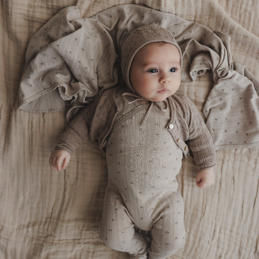 Taupe Knit Pointelle Cardigan & Bonnet