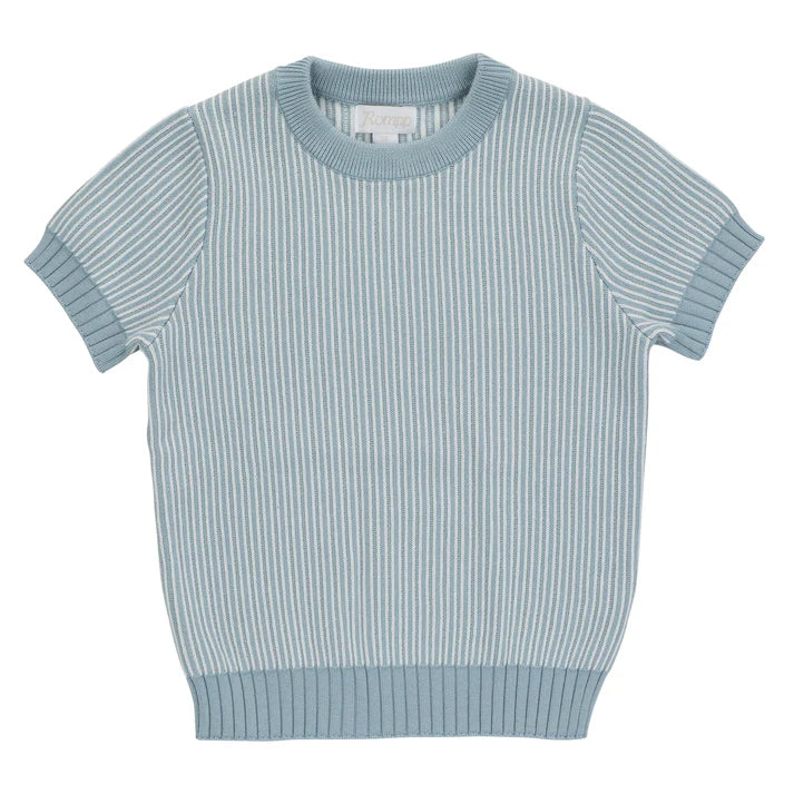 Striped Blue Jacquard Knit Short Sleeve Sweater
