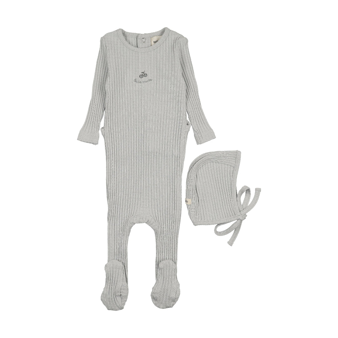 Grey Dawn/Blue Embroidered Textured Footie + Bonnet