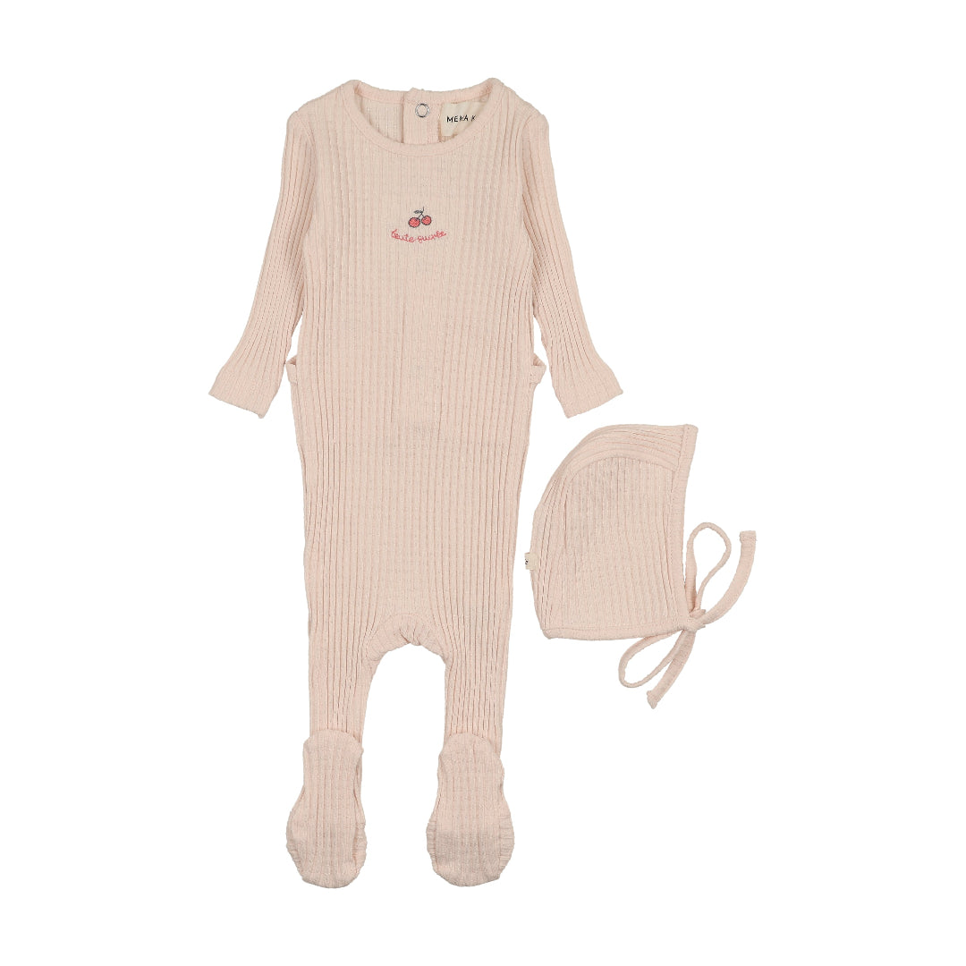 Pink Rose Embroidered Textured Footie + Bonnet