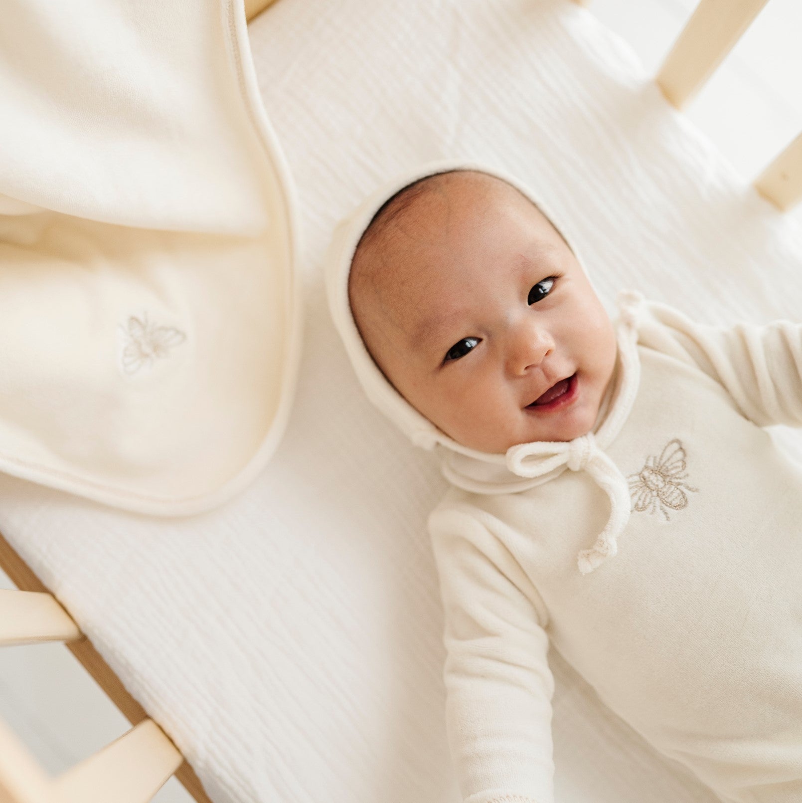 Ivory/ Rose Gold Velour Bee Embroidered Footie & Bonnet Set