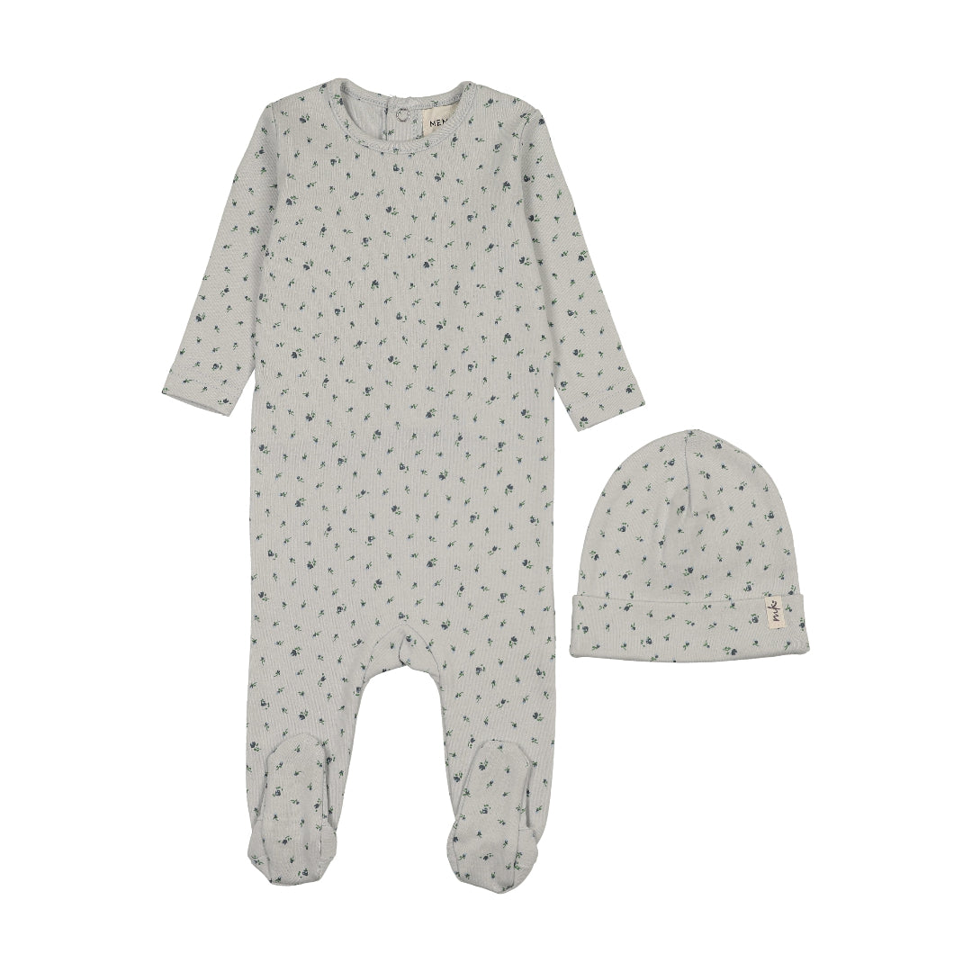 Navy Floral Print Snap Back Footie + Beanie