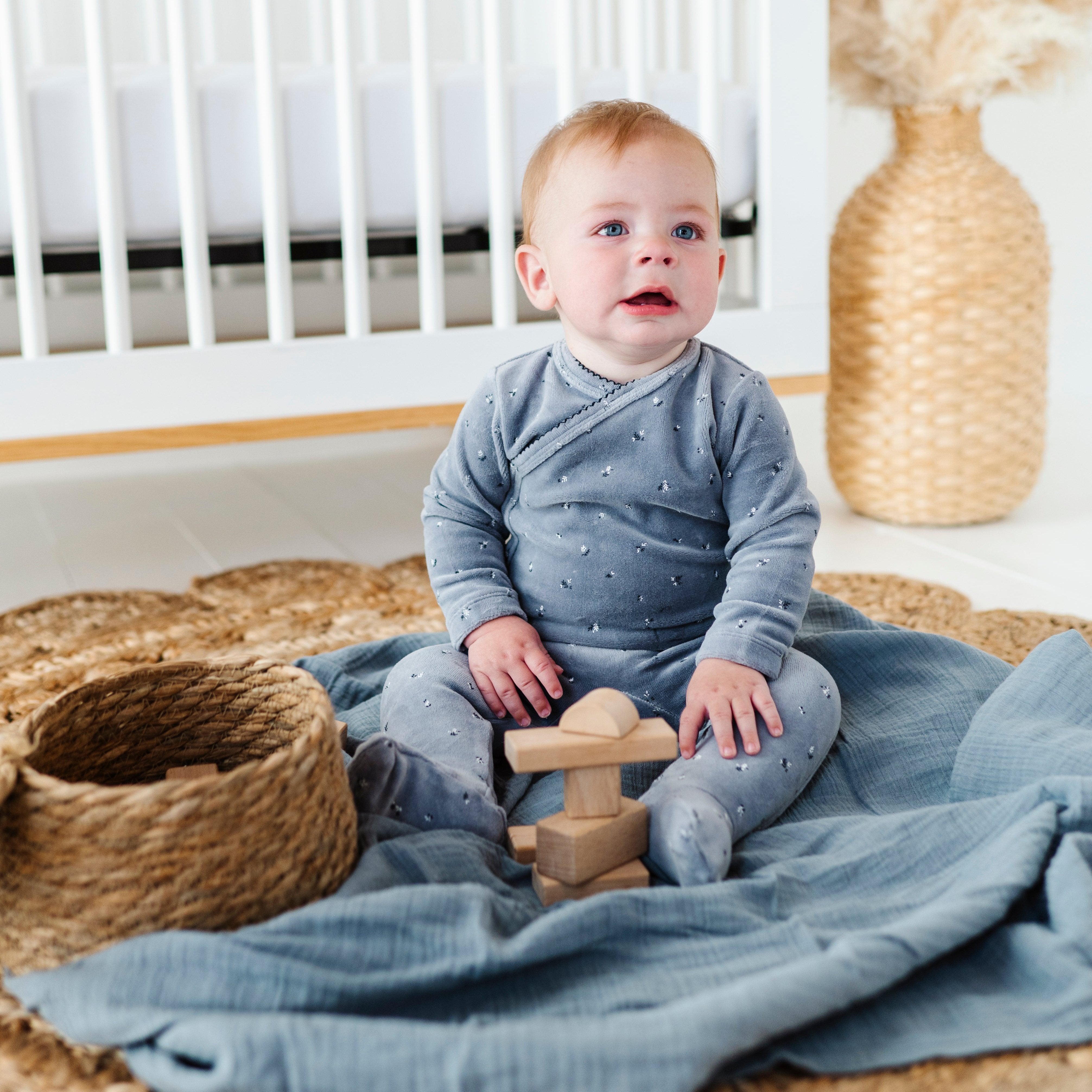 Blue Velour Cluster Leaf Footie Set