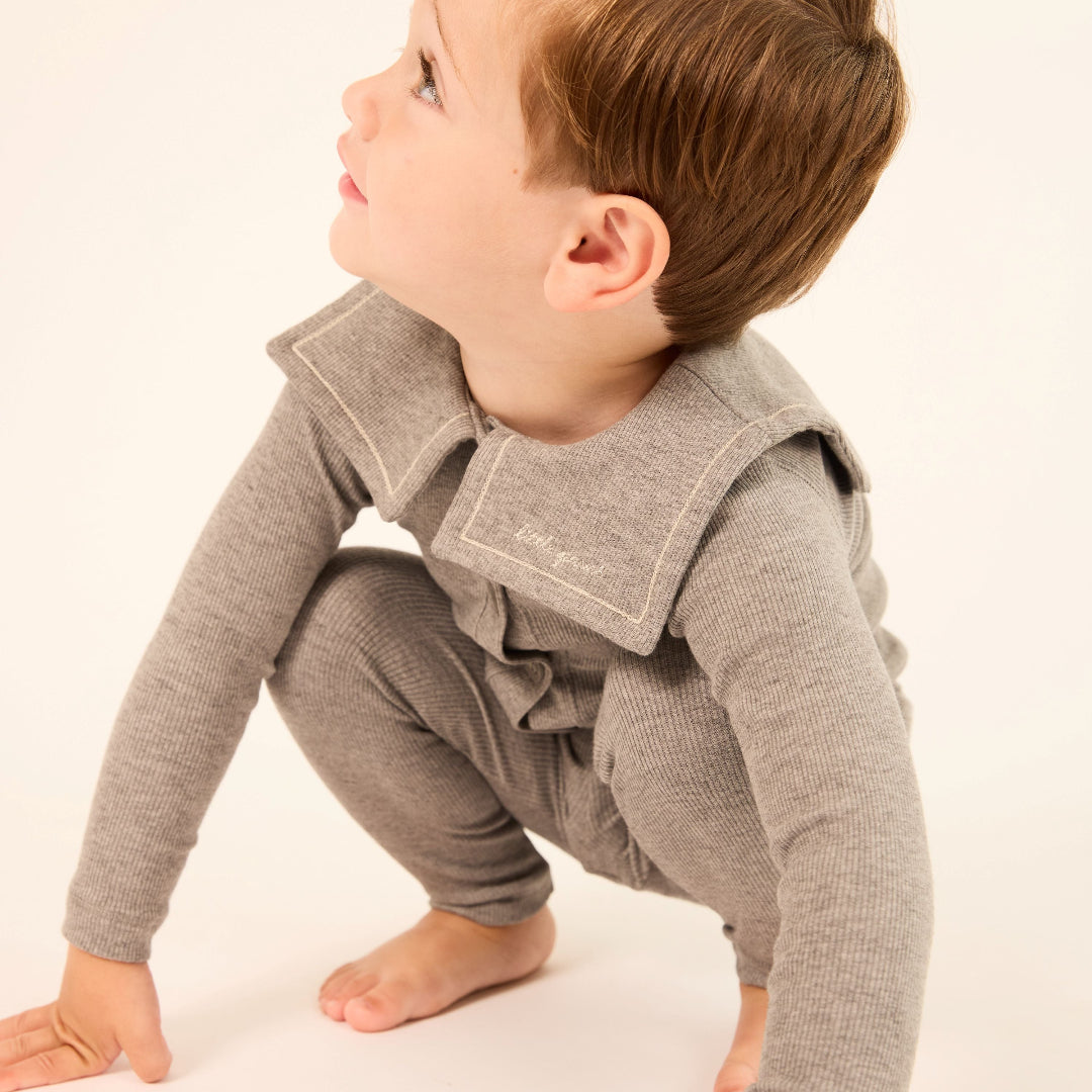 Grey Embroidered Collar Velour Overall Set