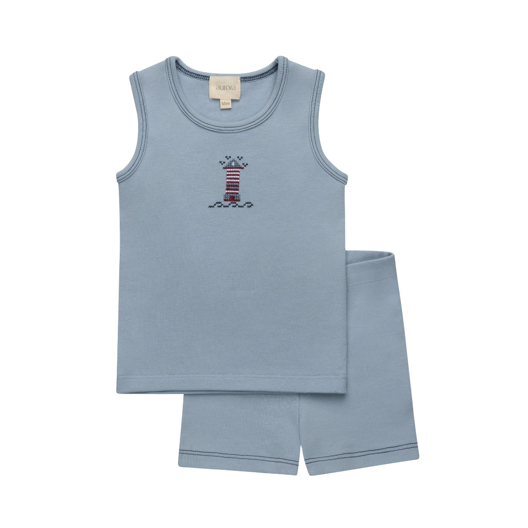 Blue Cotton Crossstich Lighthouse Collection Tshirt + Shorts