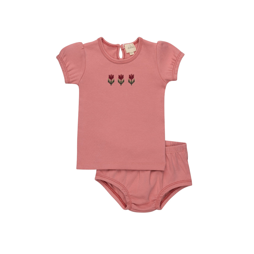 Pink Cotton Crossstich Tulip Collection Tshirt + Bloomer