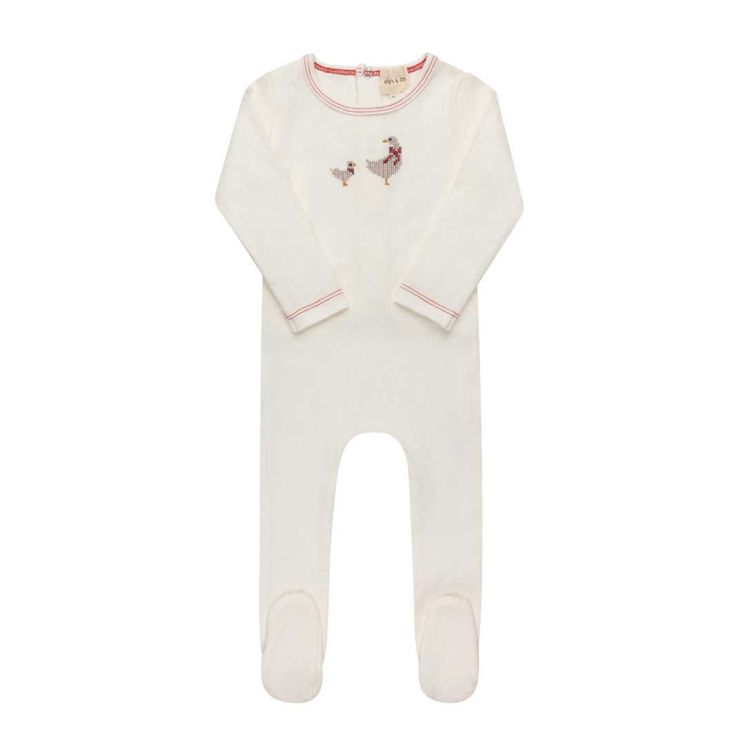 Ivory Pink Cotton Cross Stitch Duckling Collection Footie