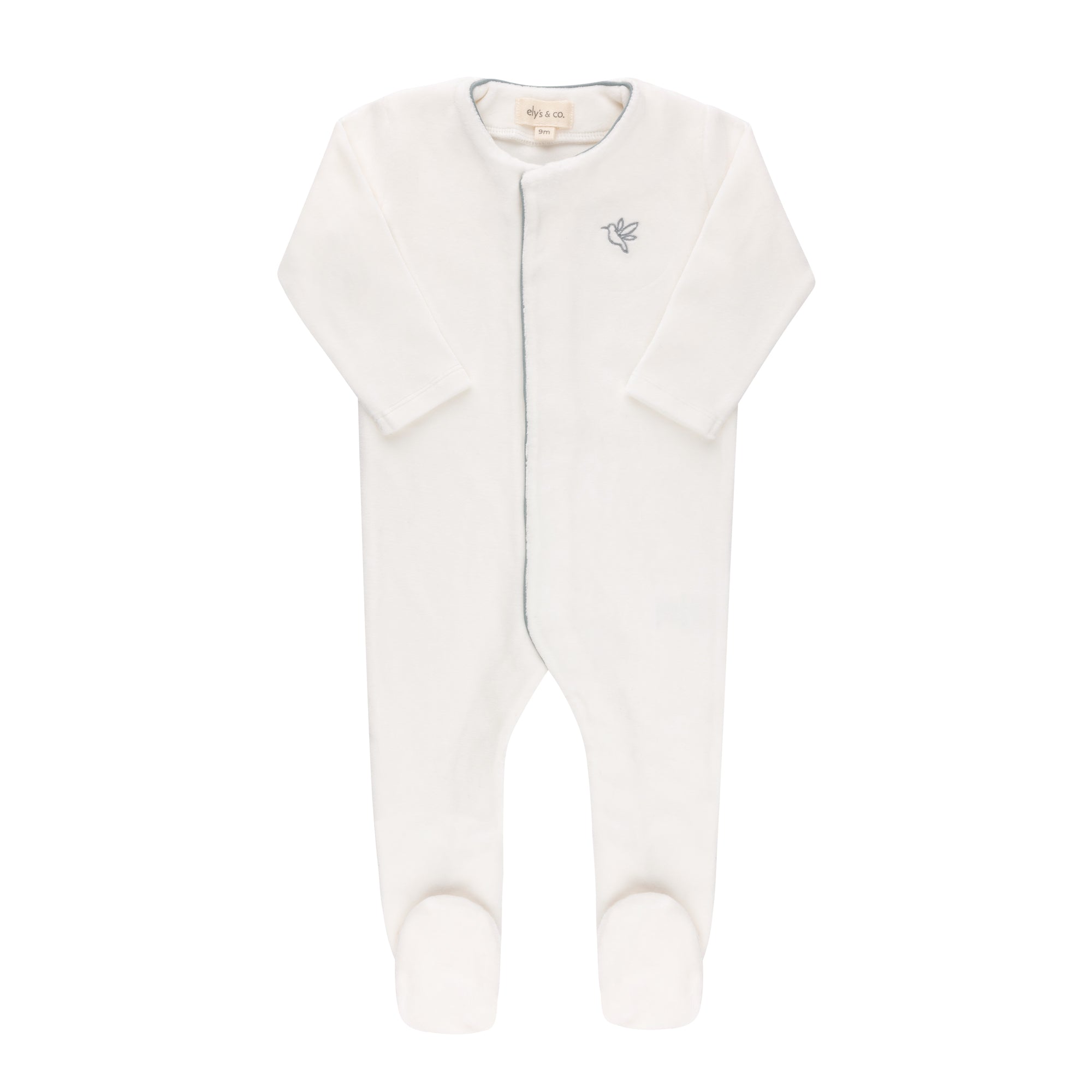 Ivoy/Blue Velour Embroidered Bird Footie