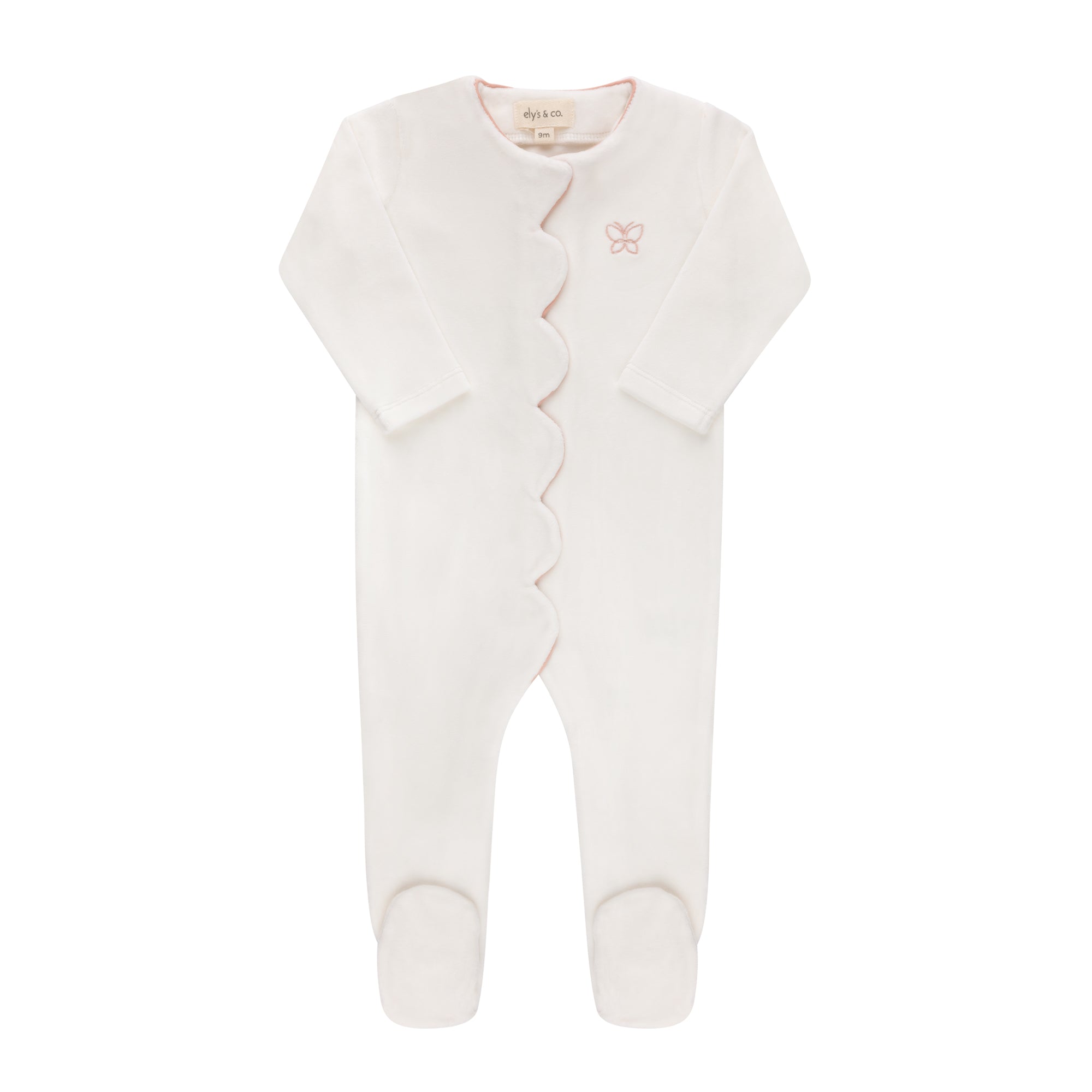 Ivory/Pink Velour Embroidered Butterfly Footie