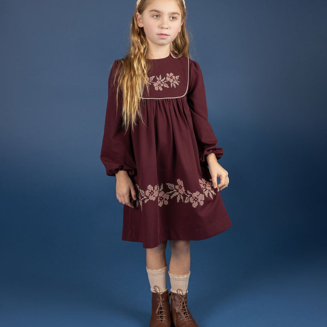 Wine Stitch Embroidered Wool Collection Dress