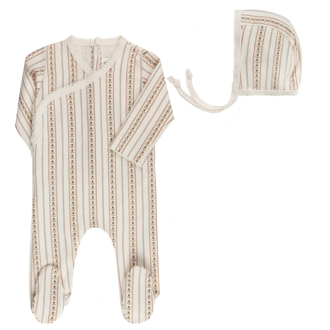 Ivory Pink Jersey Cotton Linear Tulip Footie + Bonnet