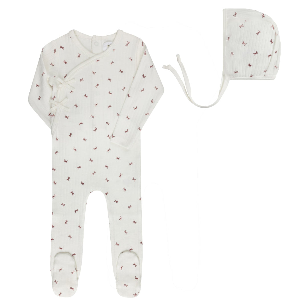 Ivory/Red Bow Pattern Collection Footie + Bonnet