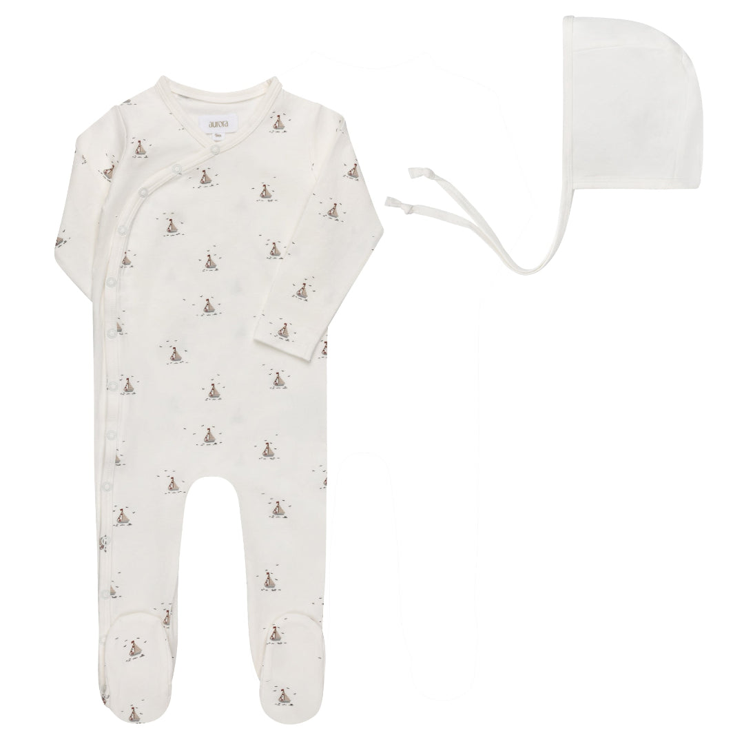 Ivory/Blue Jersey Cotton Nautical Collection Footie + Bonnet