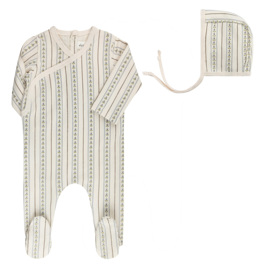 Ivory Blue Jersey Cotton Linear Tulip Footie + Bonnet