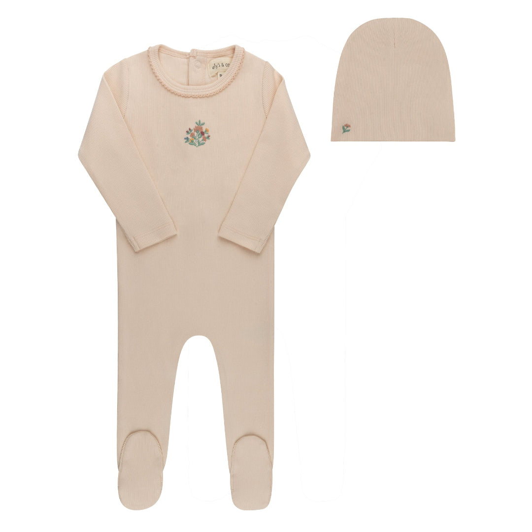 Pink Ribbed Floral Embroidered Collection Footie + Beanie
