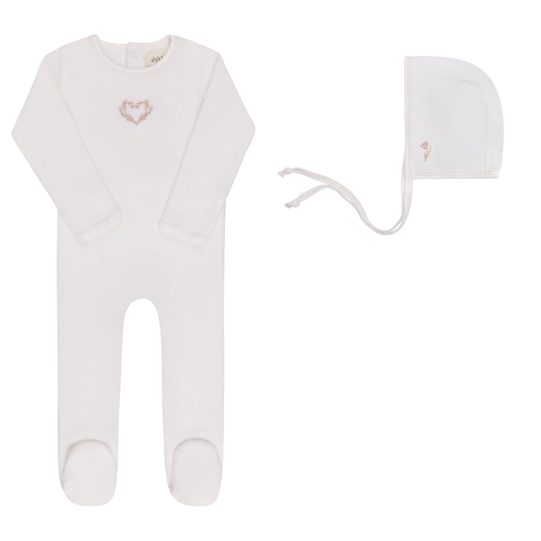 Ivory Pink Metallic Wreath Collection Velour Footie + Bonnet
