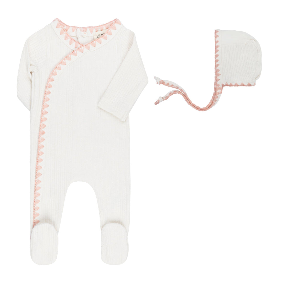 Ivory Pink Whipstitch Collection Footie + Bonnet
