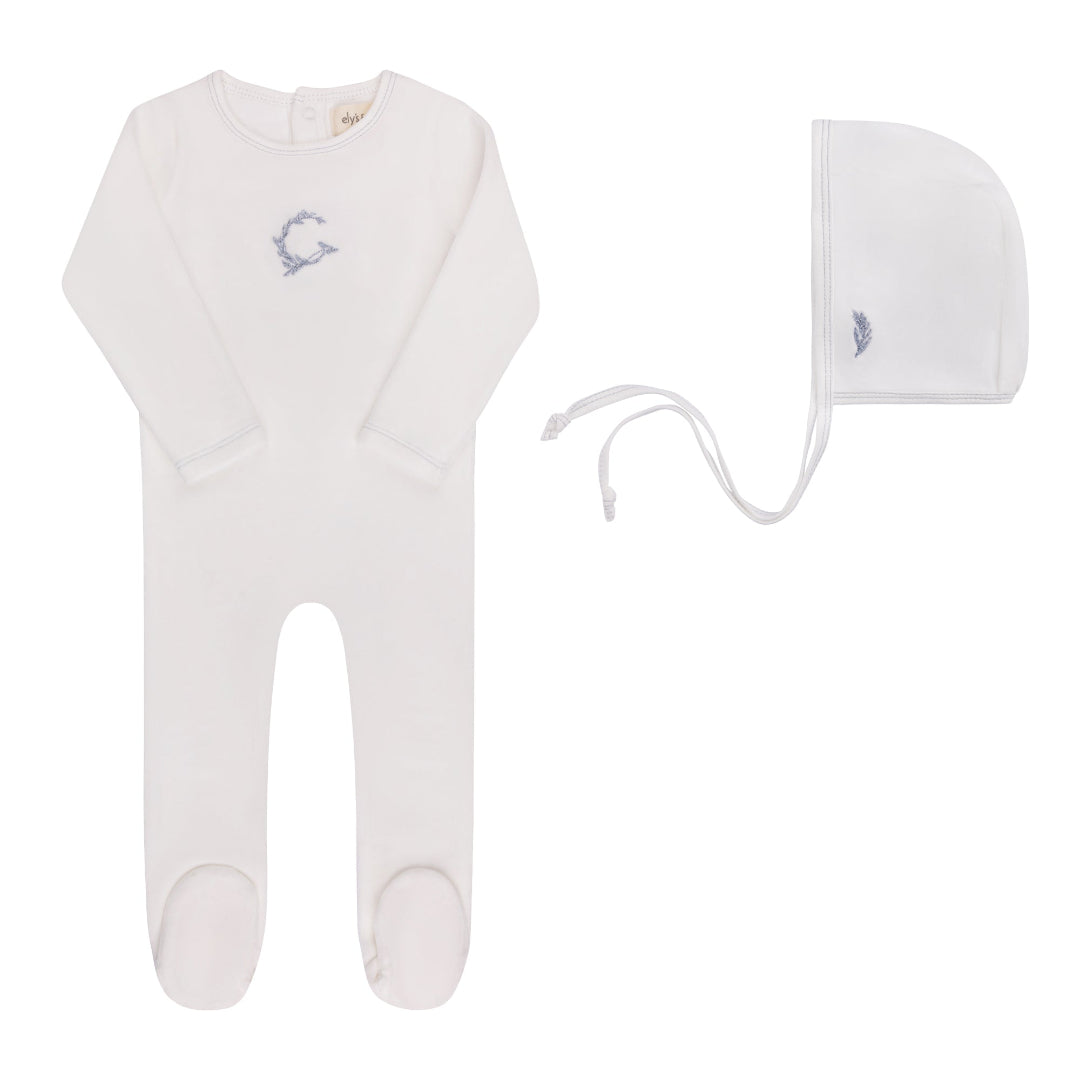 Ivory Boy Metallic Wreath Collection Velour Footie + Bonnet