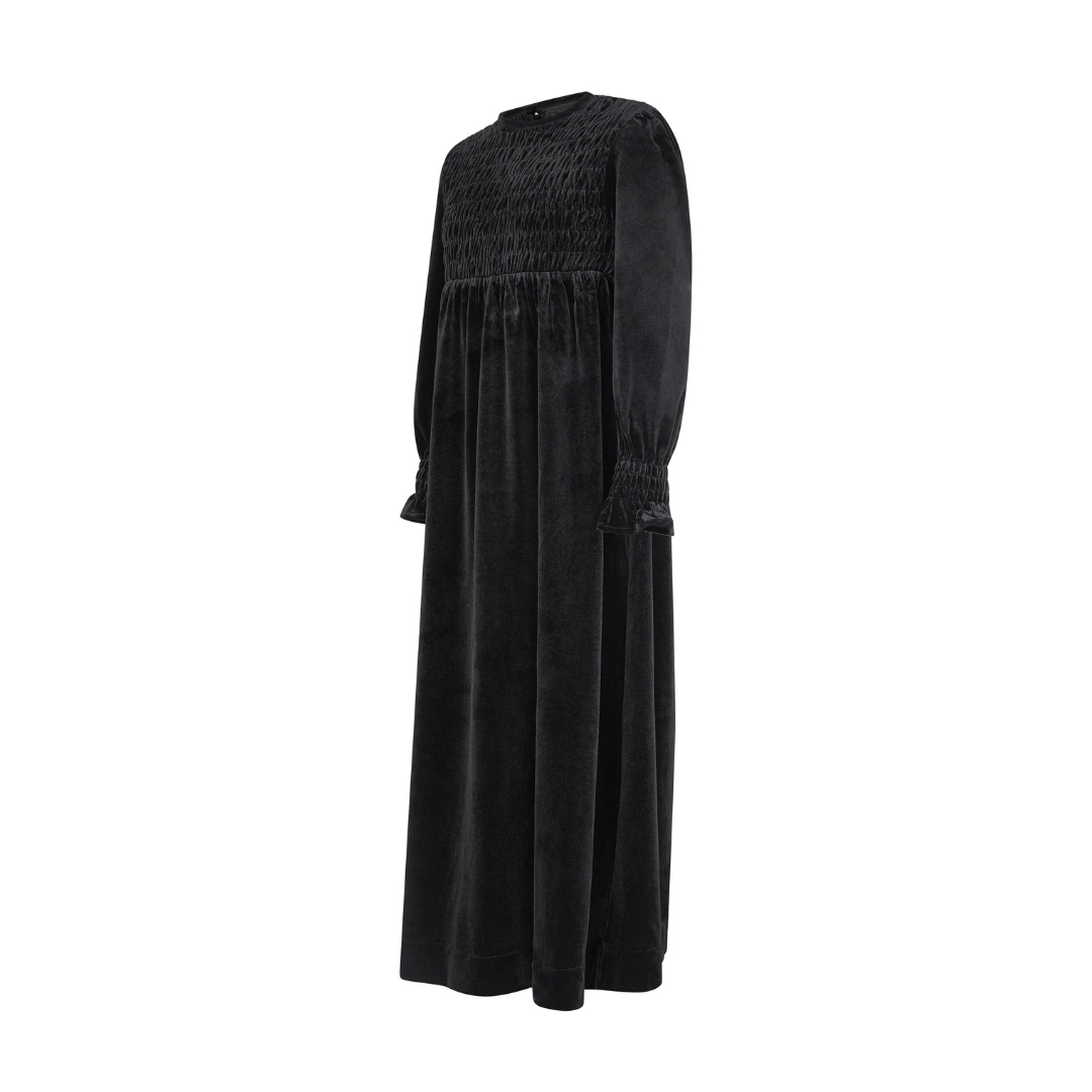 Black Emma Smocked Velvet Maxi
