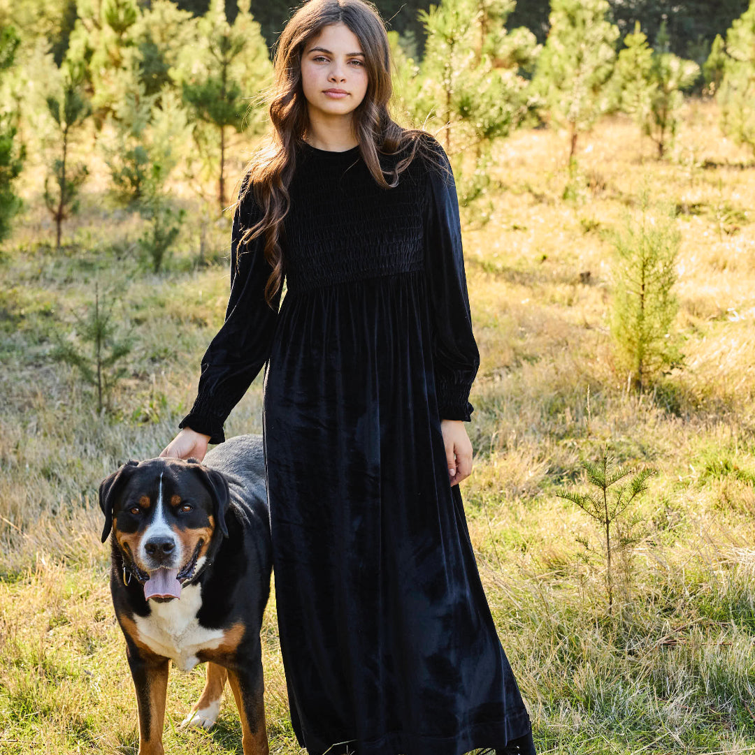 Black Emma Smocked Velvet Maxi