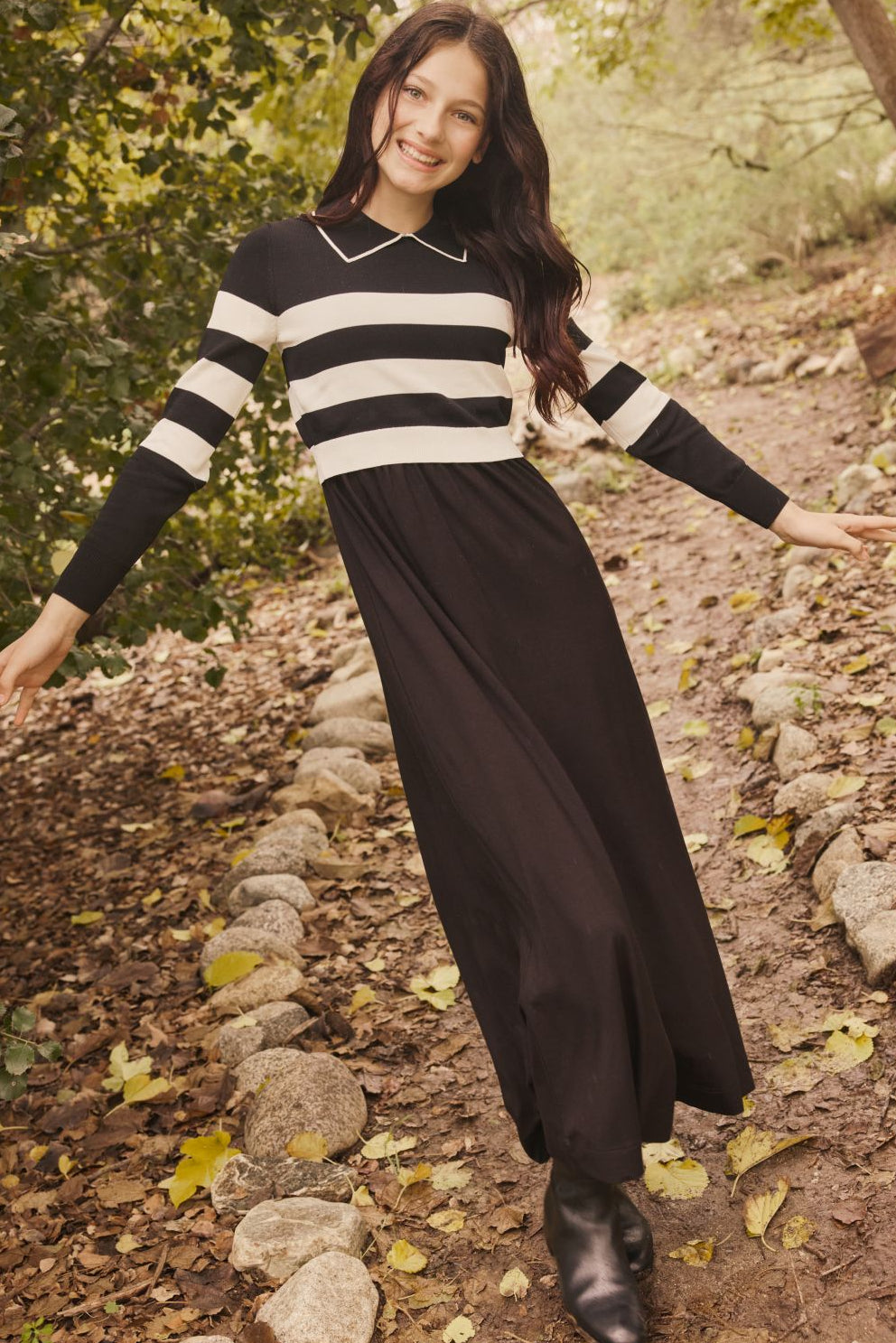 Black Katie Teen B/W Striped Overlay Maxi