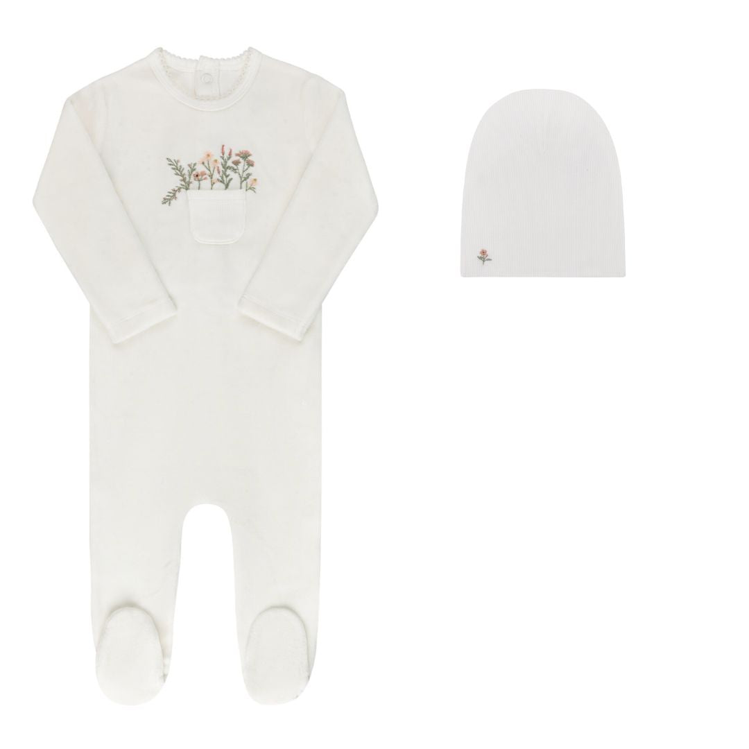 Ivory/ Pink Velour Pocket Full of Flowers Footie Set