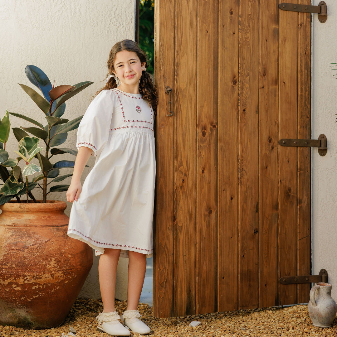 Ivory Embroidered Trim Collection 3/4 Sleeve Dress
