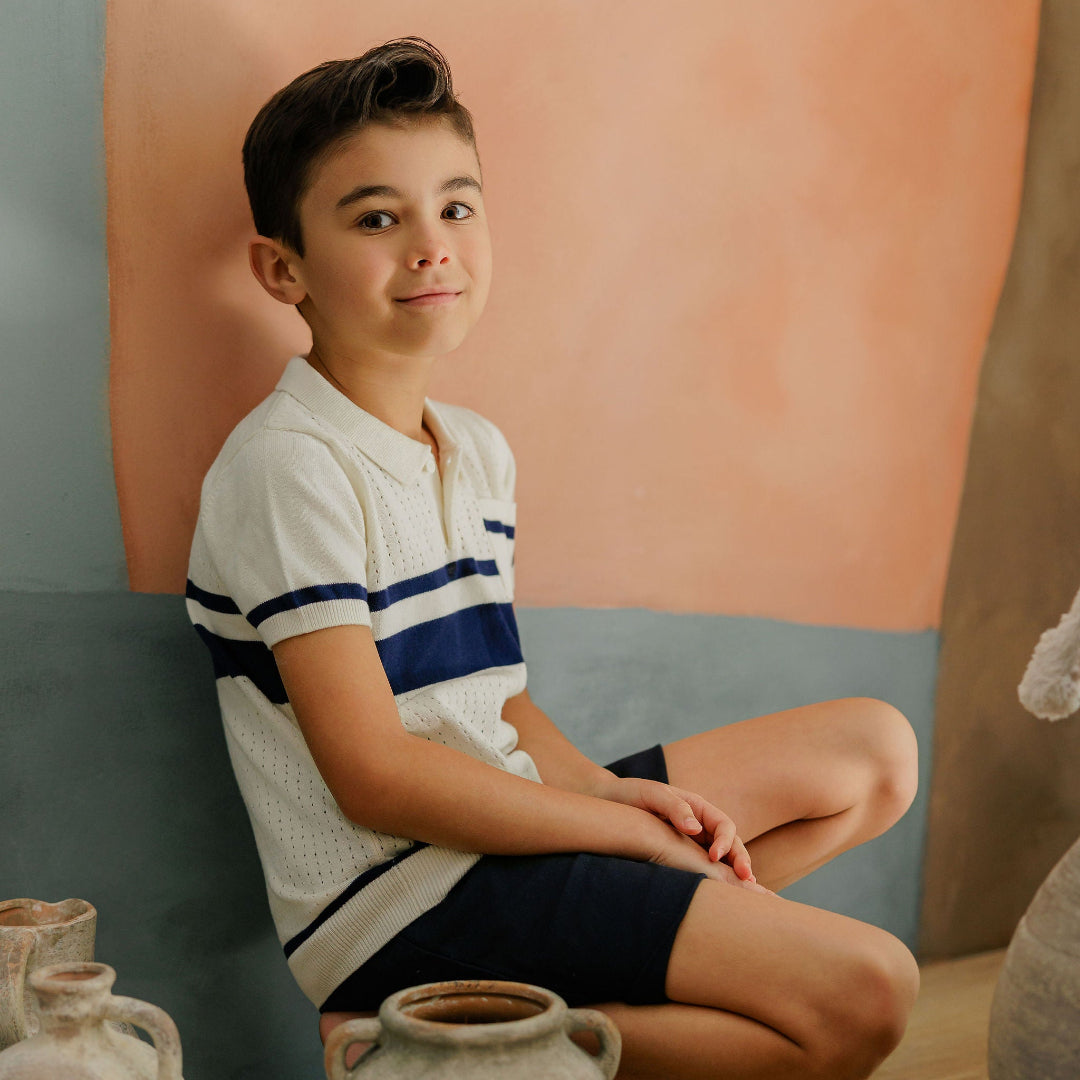Ivory/Navy Mesh Knit Collection Boys Knit Top