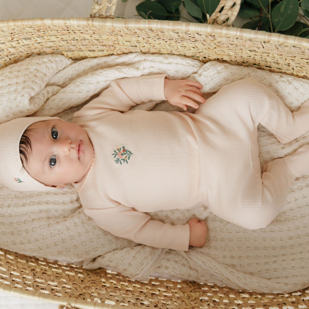 Pink Ribbed Floral Embroidered Collection Footie + Beanie