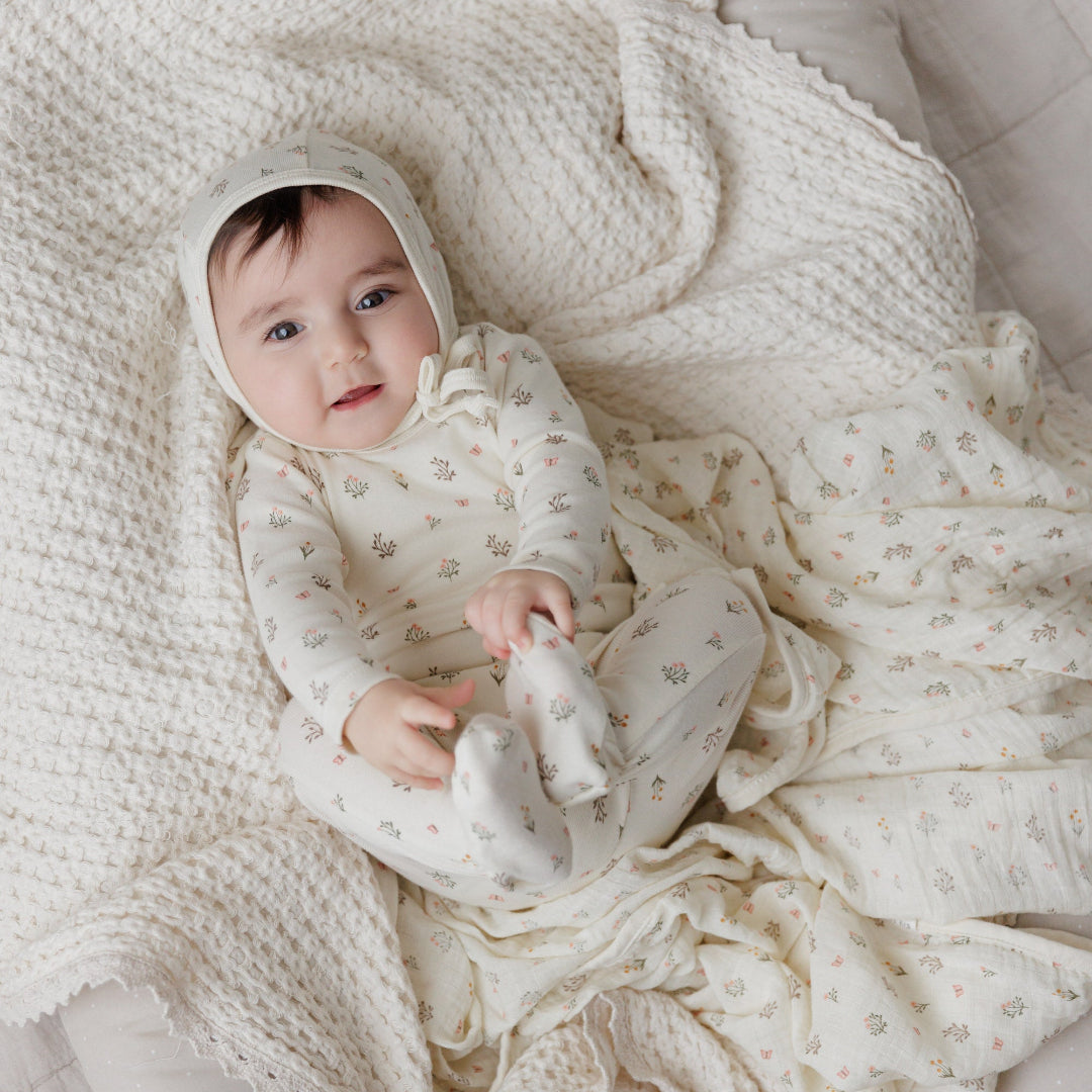 Ivory Girl Garden Floral Print Footie + Bonnet