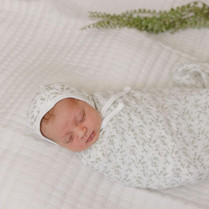 Sage on Ivory Velour Vine Pattern Footie