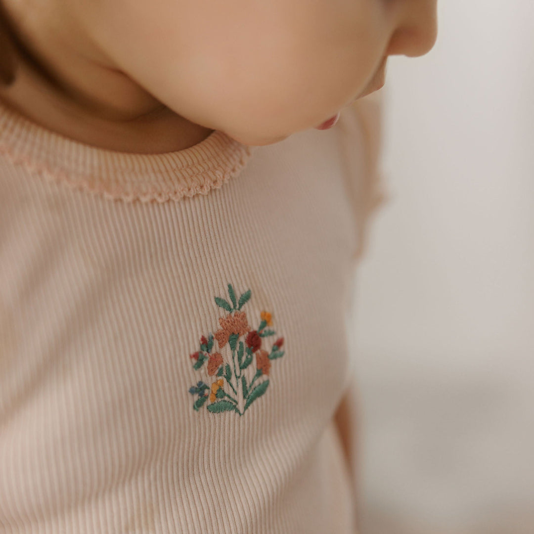 Pink Ribbed Floral Embroidered Collection Romper