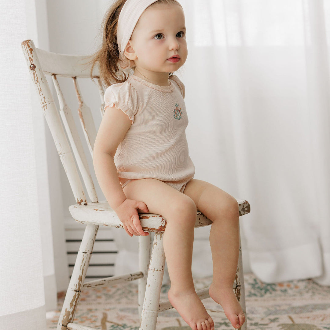 Pink Ribbed Floral Embroidered Collection Romper