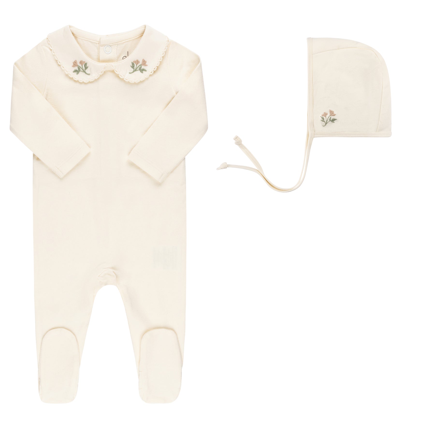 Cream Floral Embroidered Collar Footie & Bonnet Set