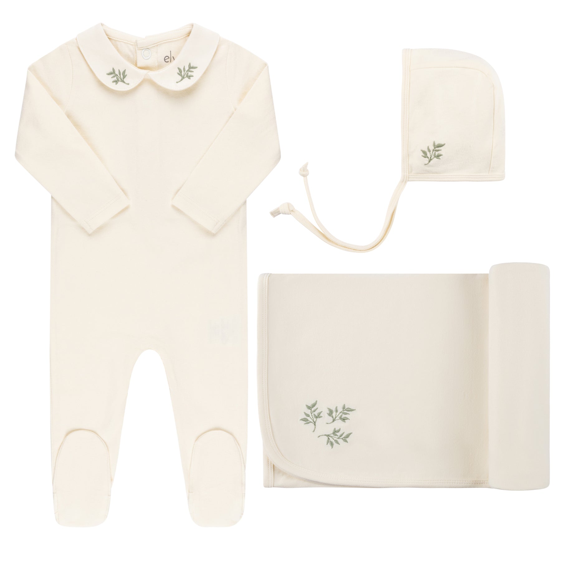 Cream Leaf Embroidered Collar Layette Set