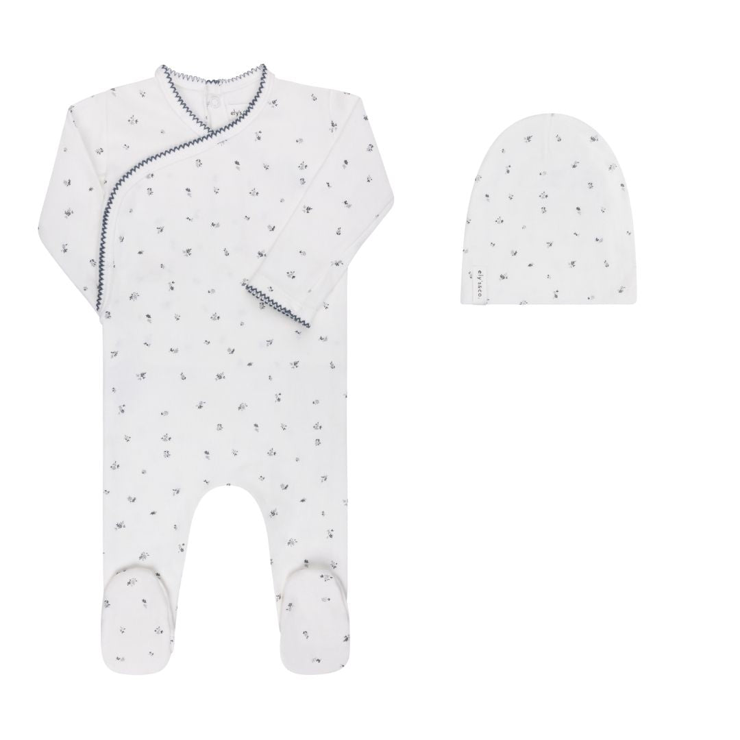 Ivory/ Blue Velour Cluster Leaf Footie Set