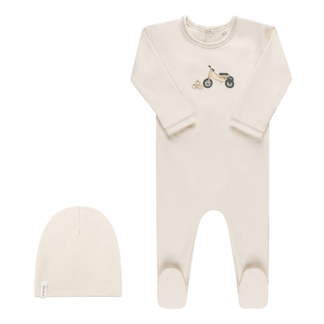 Ivory French Terry Bike Print Footie & Beanie Set