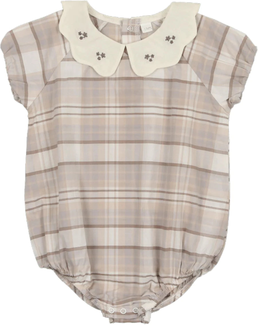 Taupe Plaid Embroidered Collar Romper