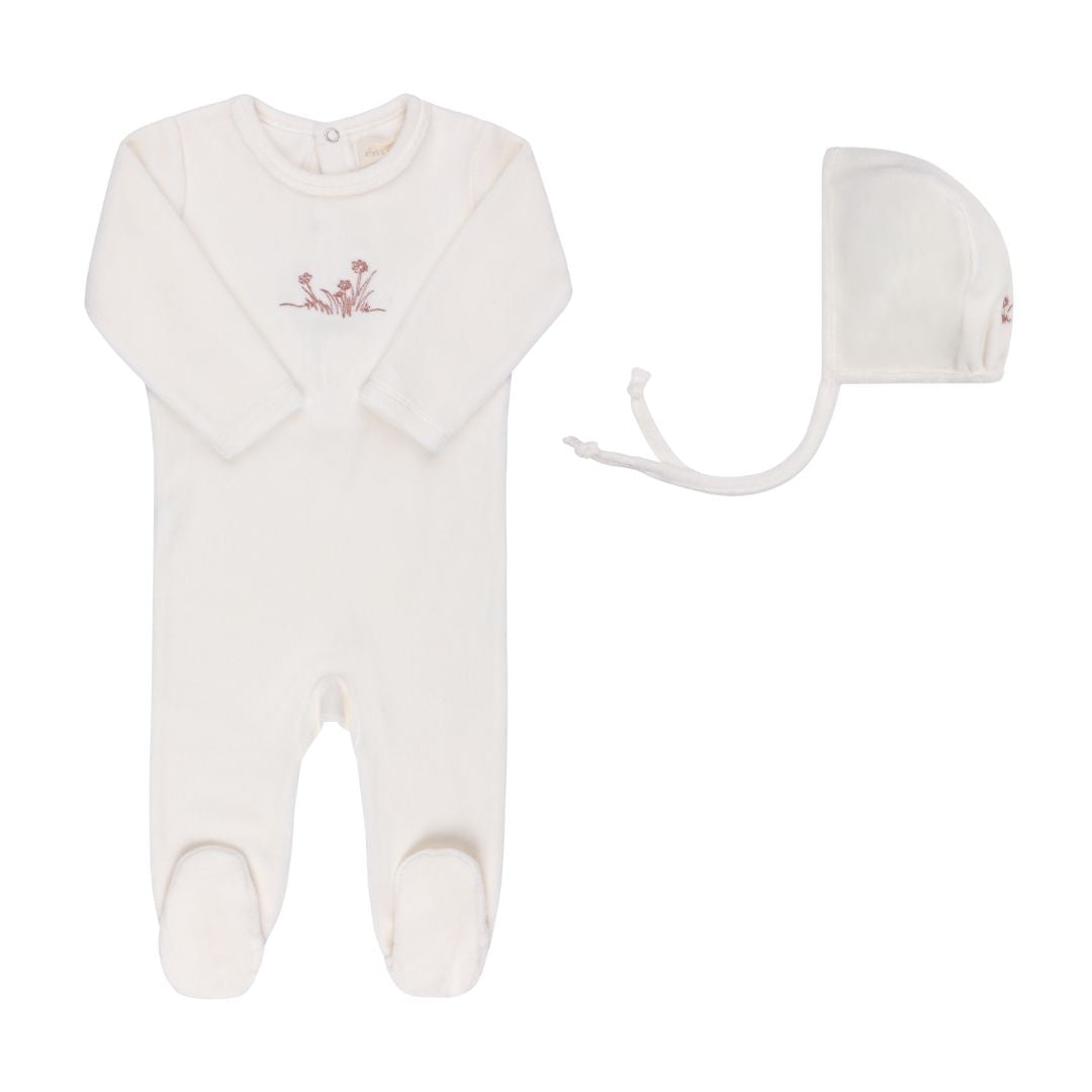 Ivory/ Pink Velour Embroidered Flowers Footie Set