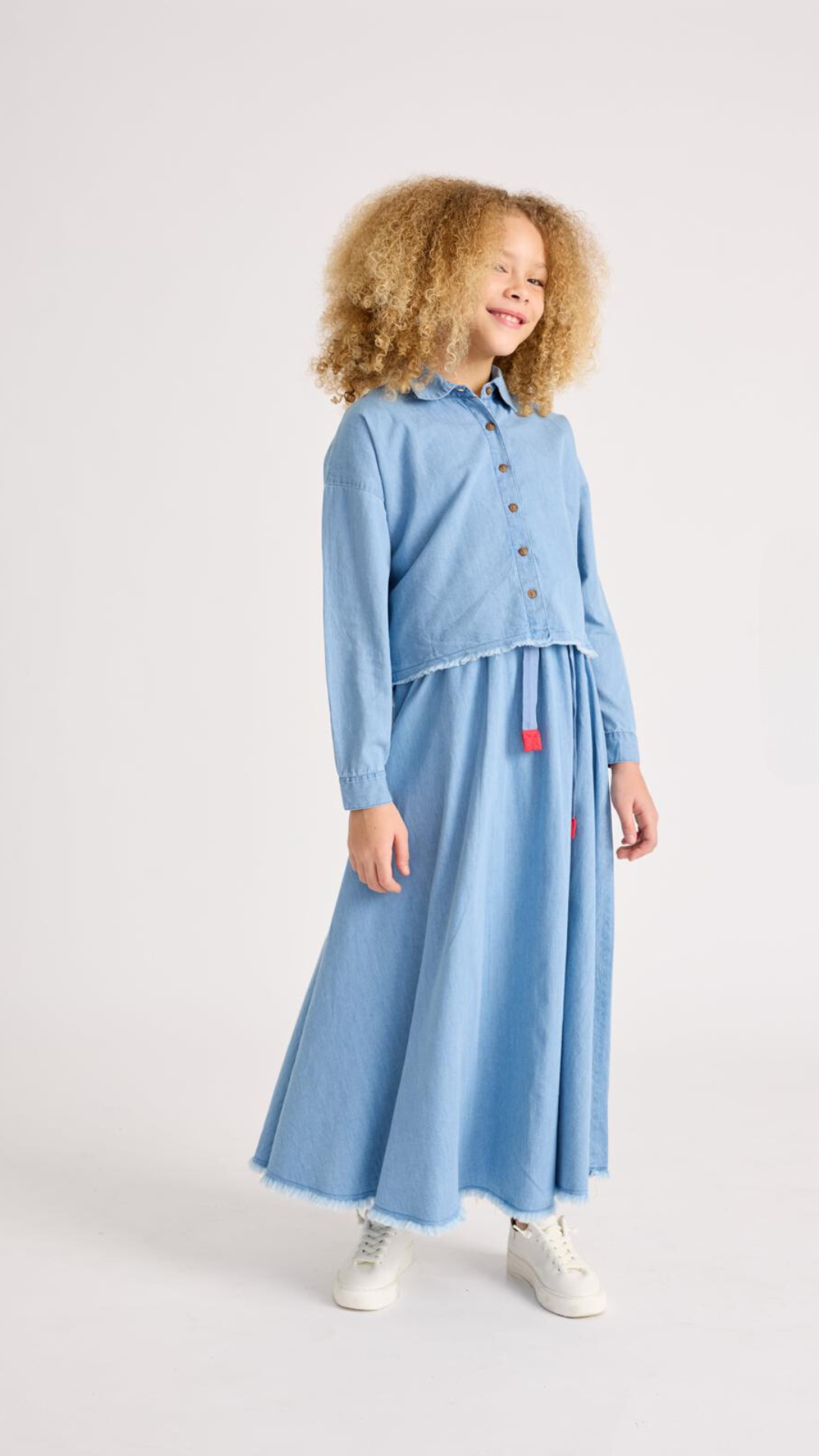 Light Blue Denim Maxi Skirt with Drawstring