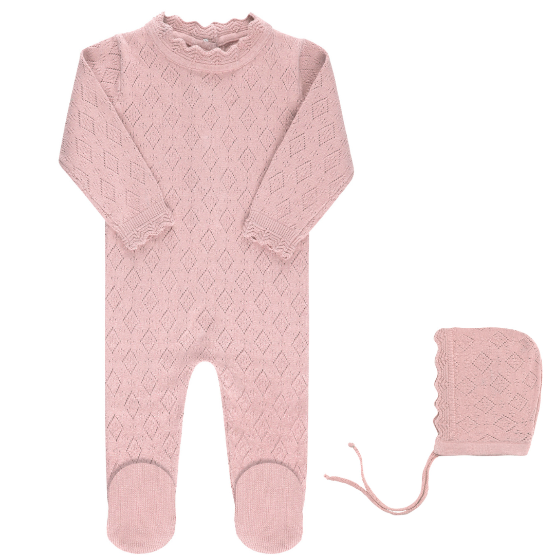 Pink Pointelle Knit Footie & Bonnet Set