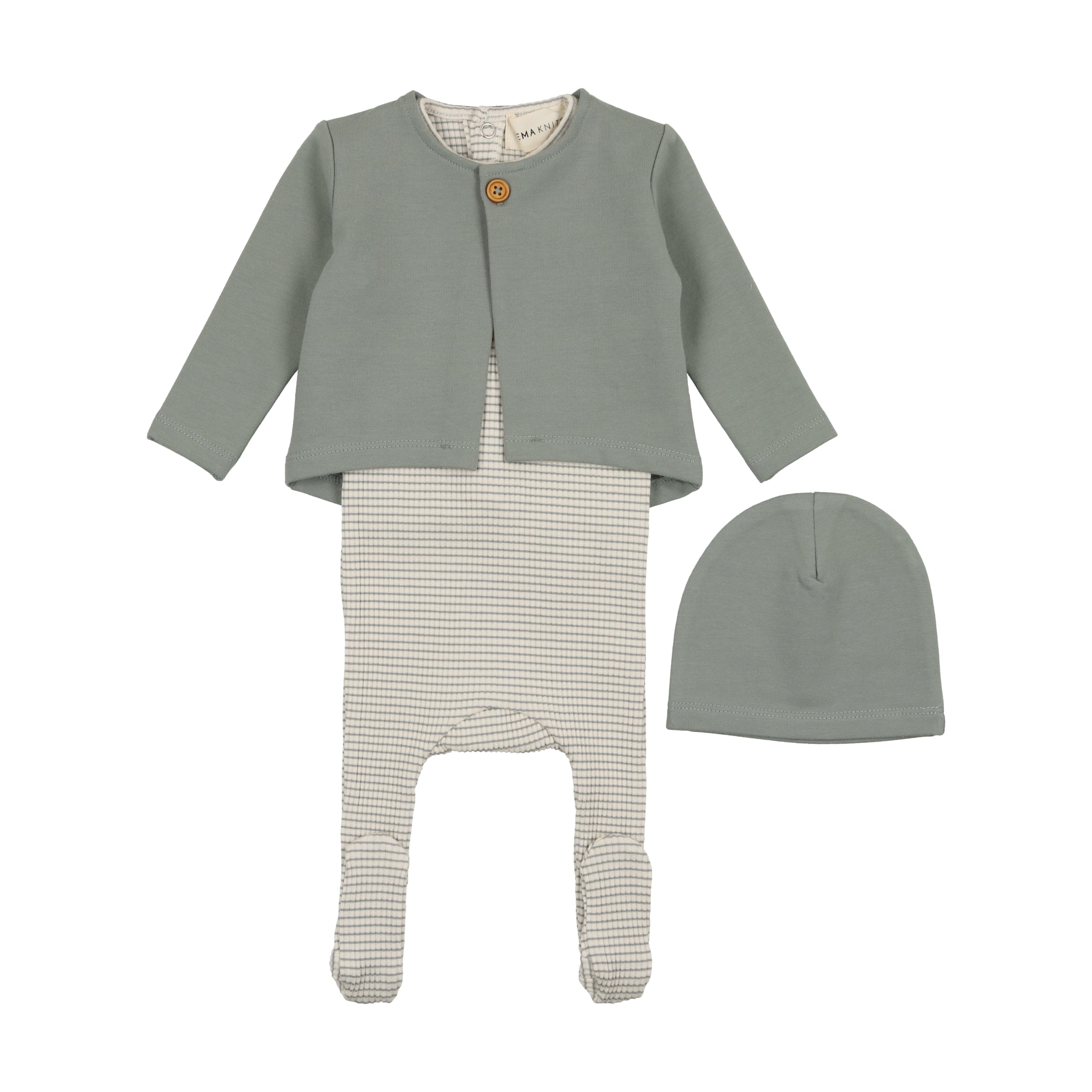 Powder Blue Striped Footie, Cardigan and Beanie Set