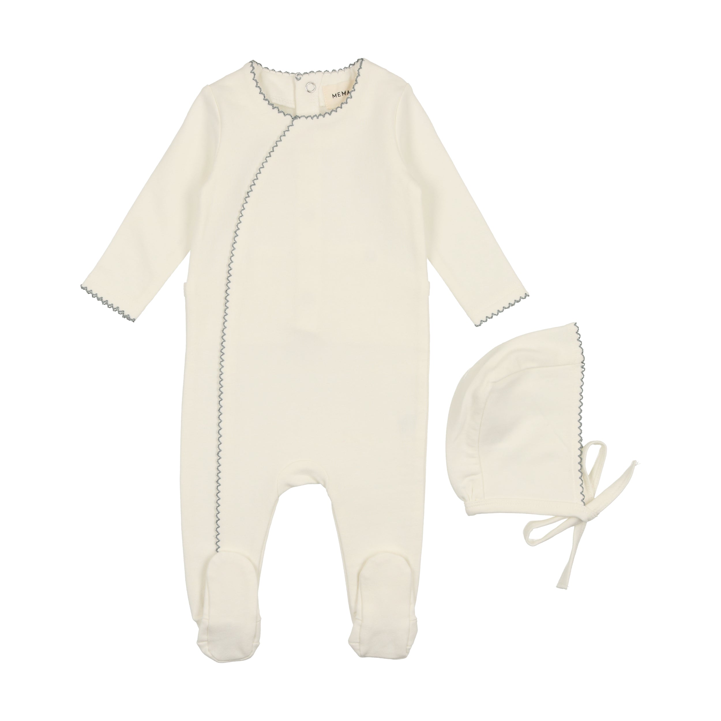 Cream/Blue Metallic Piped Edge Footie & Bonnet Set